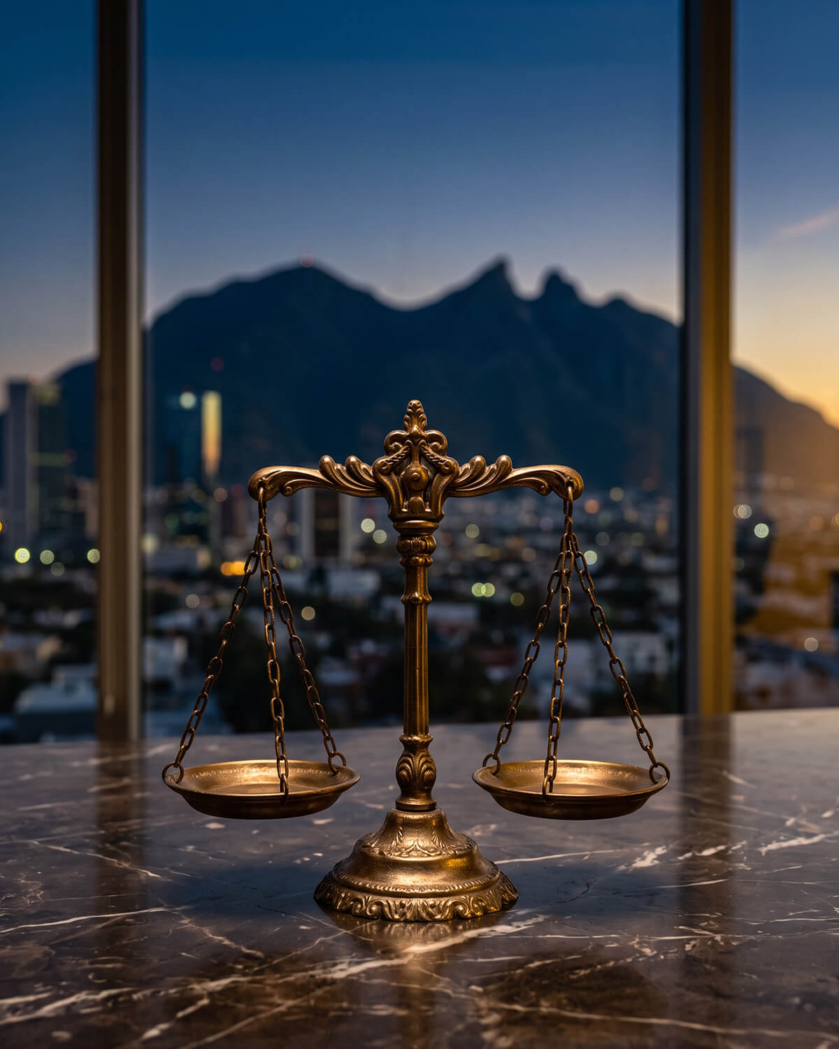 Balanza de la justicia con vista al skyline de Monterrey